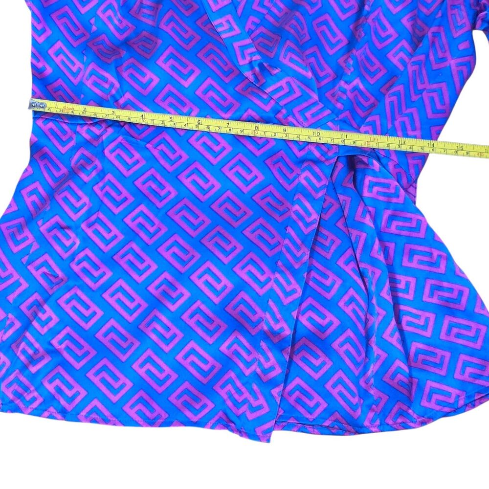 VTG ECI New York 100% Silk Blouse Asymmetric Wrap Geometric Purple Blue Size 14 - Picture 5 of 8